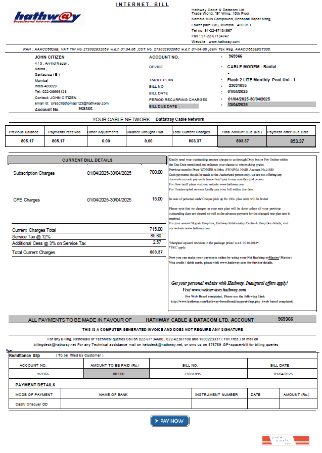 India Hathway Cable & Datacom utility bill template in Word and PDF formats